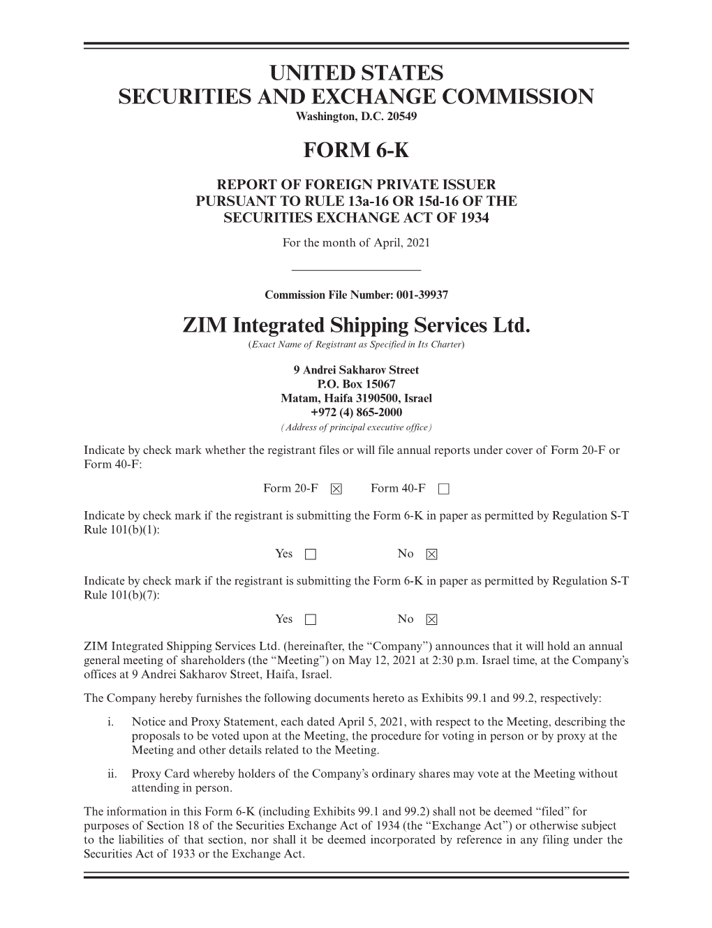 United States Securities and Exchange Commission Form