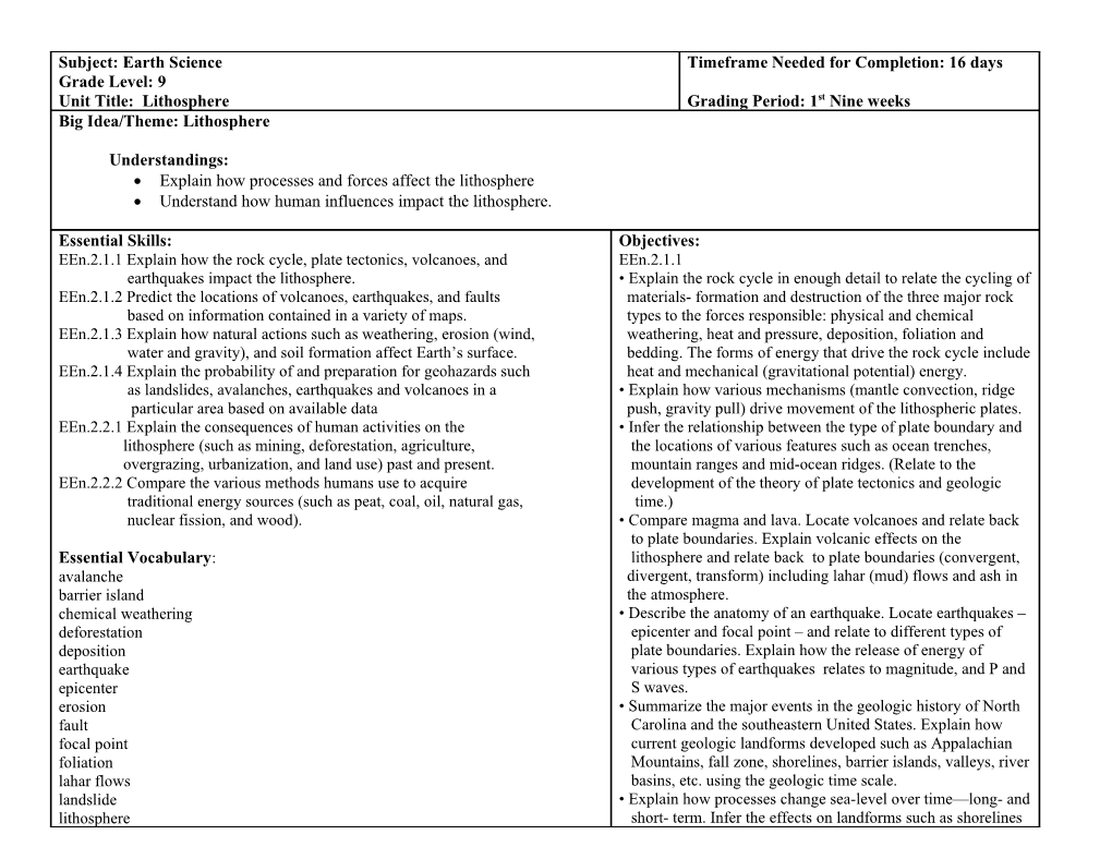 Subject: Earth Science Grade Level: 9 Unit Title: Lithosphere