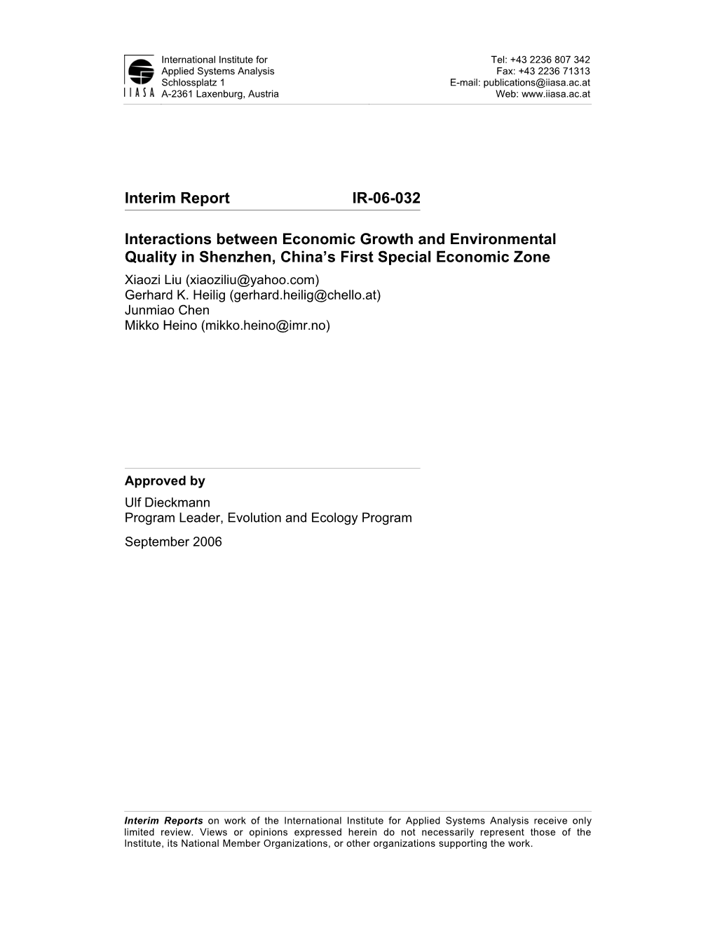 Interim Report IR-06-032 Interactions Between Economic Growth And