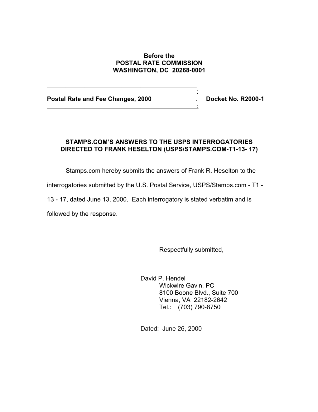 Postal Rate and Fee Changes, 2000 : Docket No. R2000-1