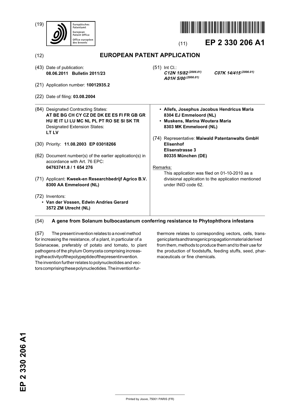 A Gene from Solanum Bulbocastanum Conferring Resistance to Phytophthora Infestans