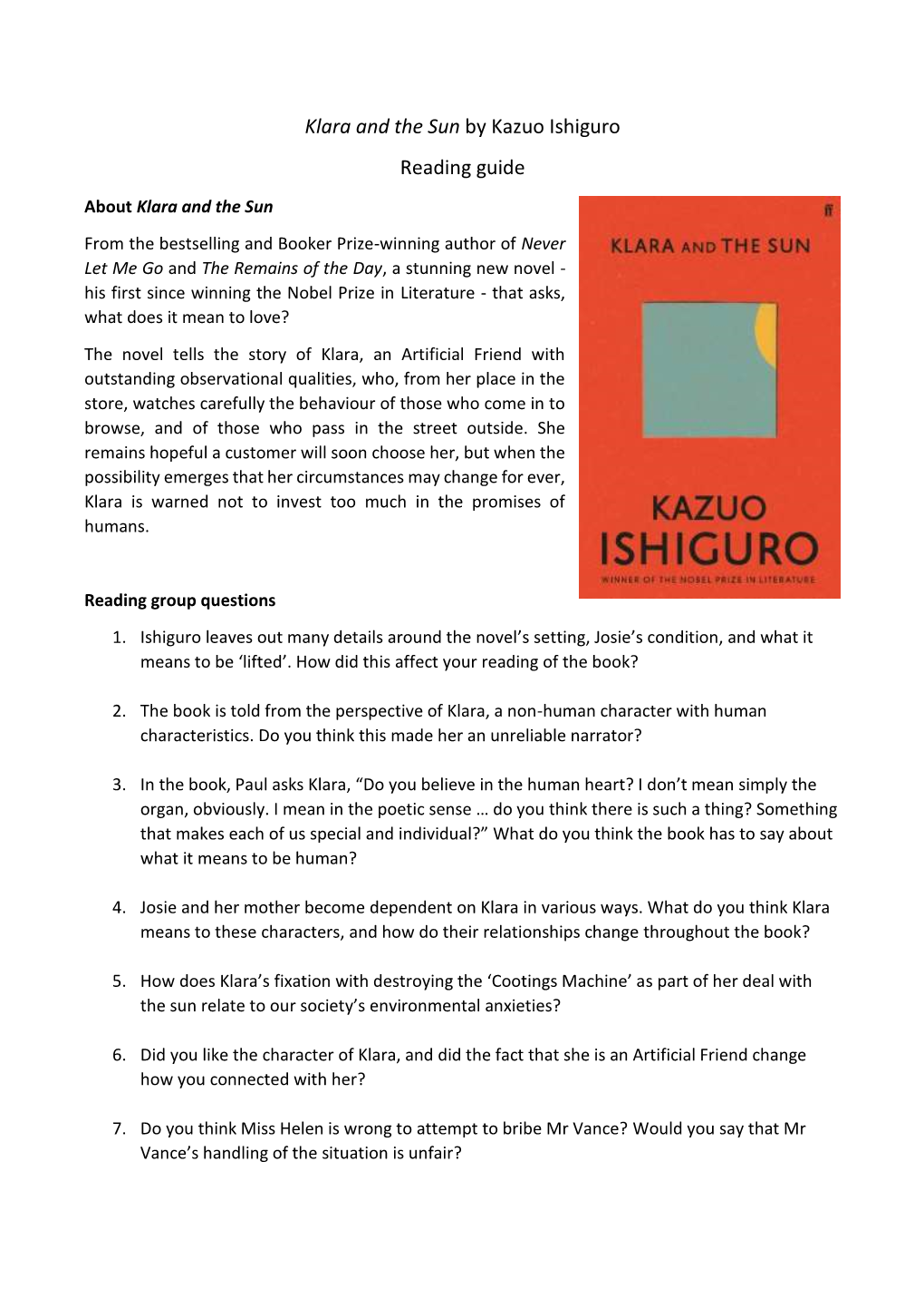 Klara and the Sun by Kazuo Ishiguro Reading Guide