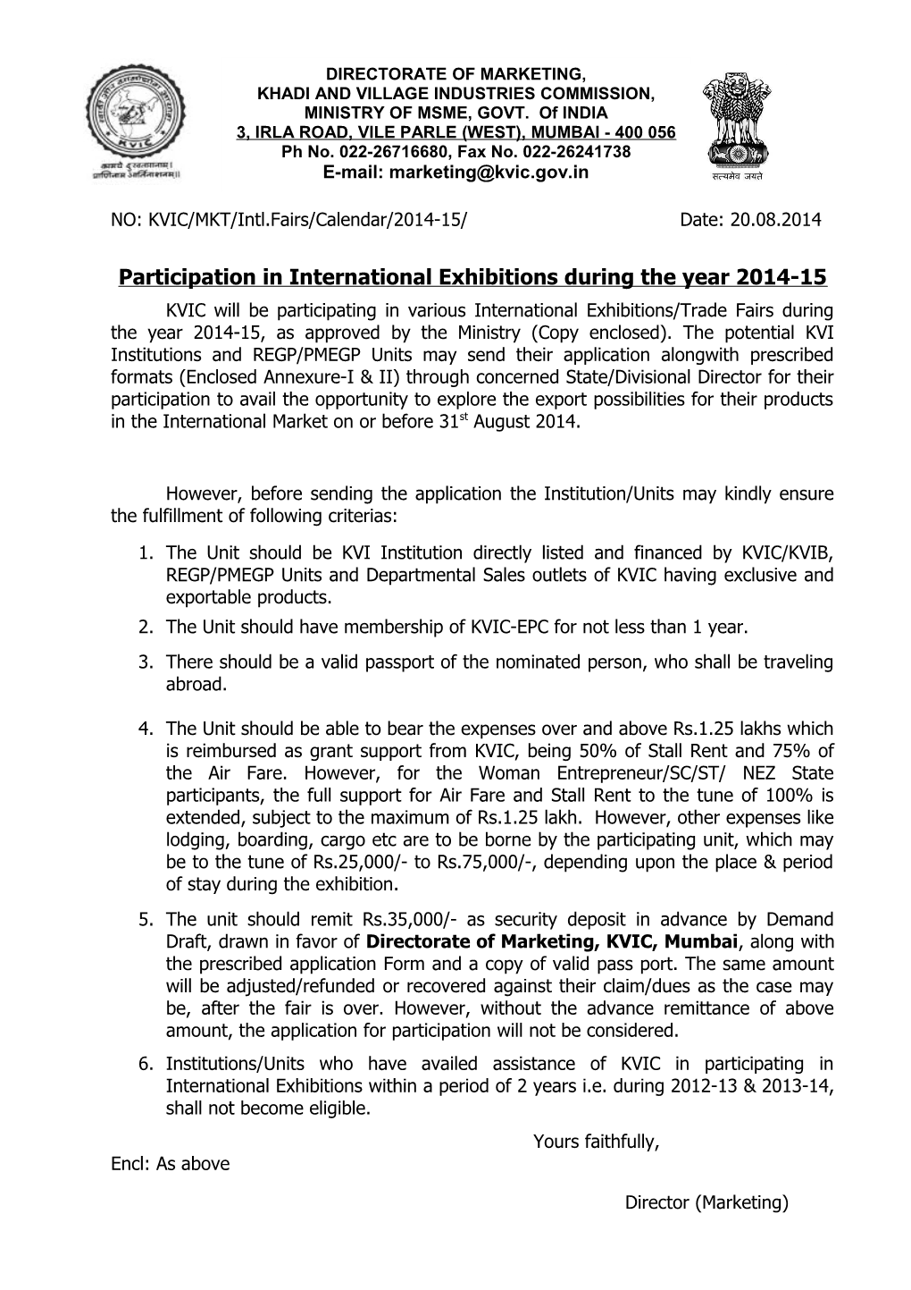 Participation in International Exhibitions During the Year 2014-15