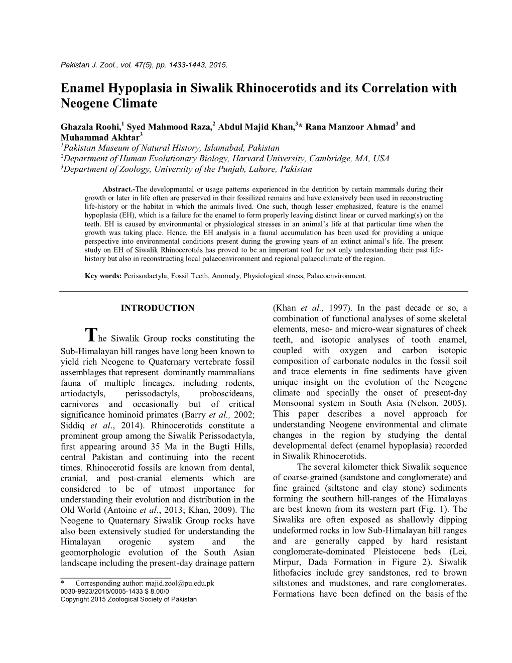 Enamel Hypoplasia in Siwalik Rhinocerotids and Its Correlation with Neogene Climate