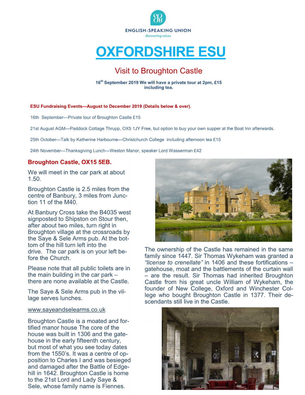 OXFORDSHIRE ESU Visit to Broughton Castle