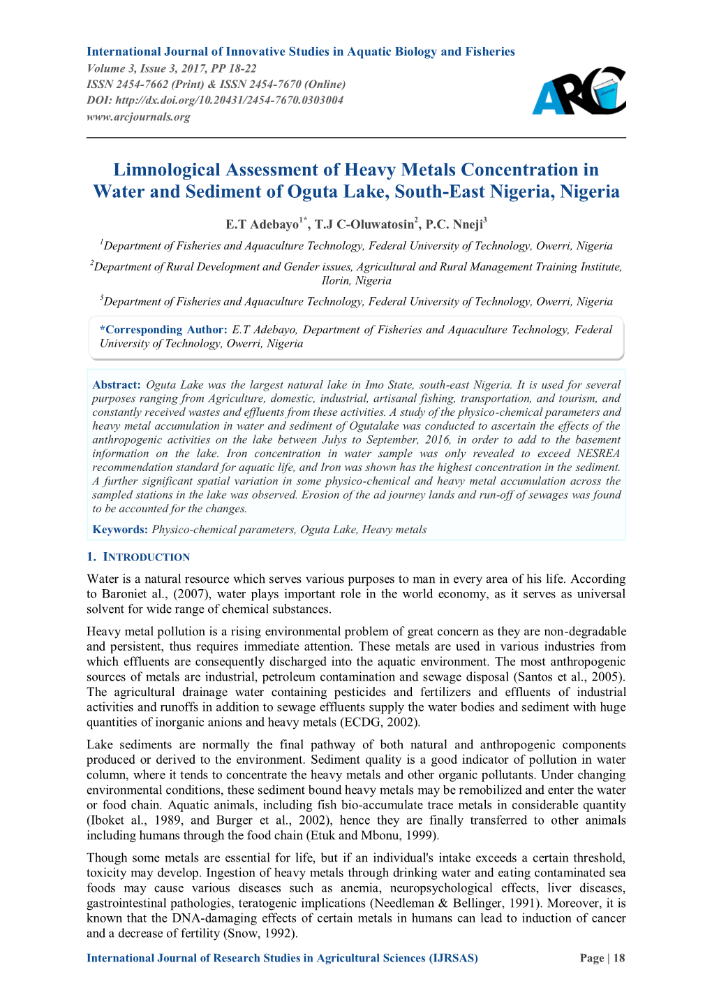 Limnological Assessment of Heavy Metals Concentration in Water and Sediment of Oguta Lake, South-East Nigeria, Nigeria