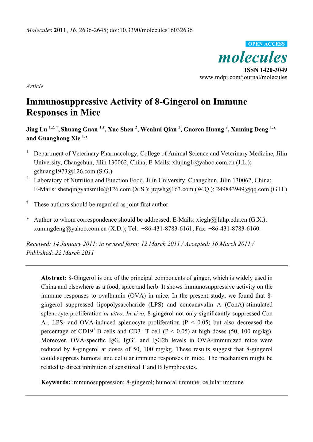 Immunosuppressive Activity of 8-Gingerol on Immune Responses in Mice