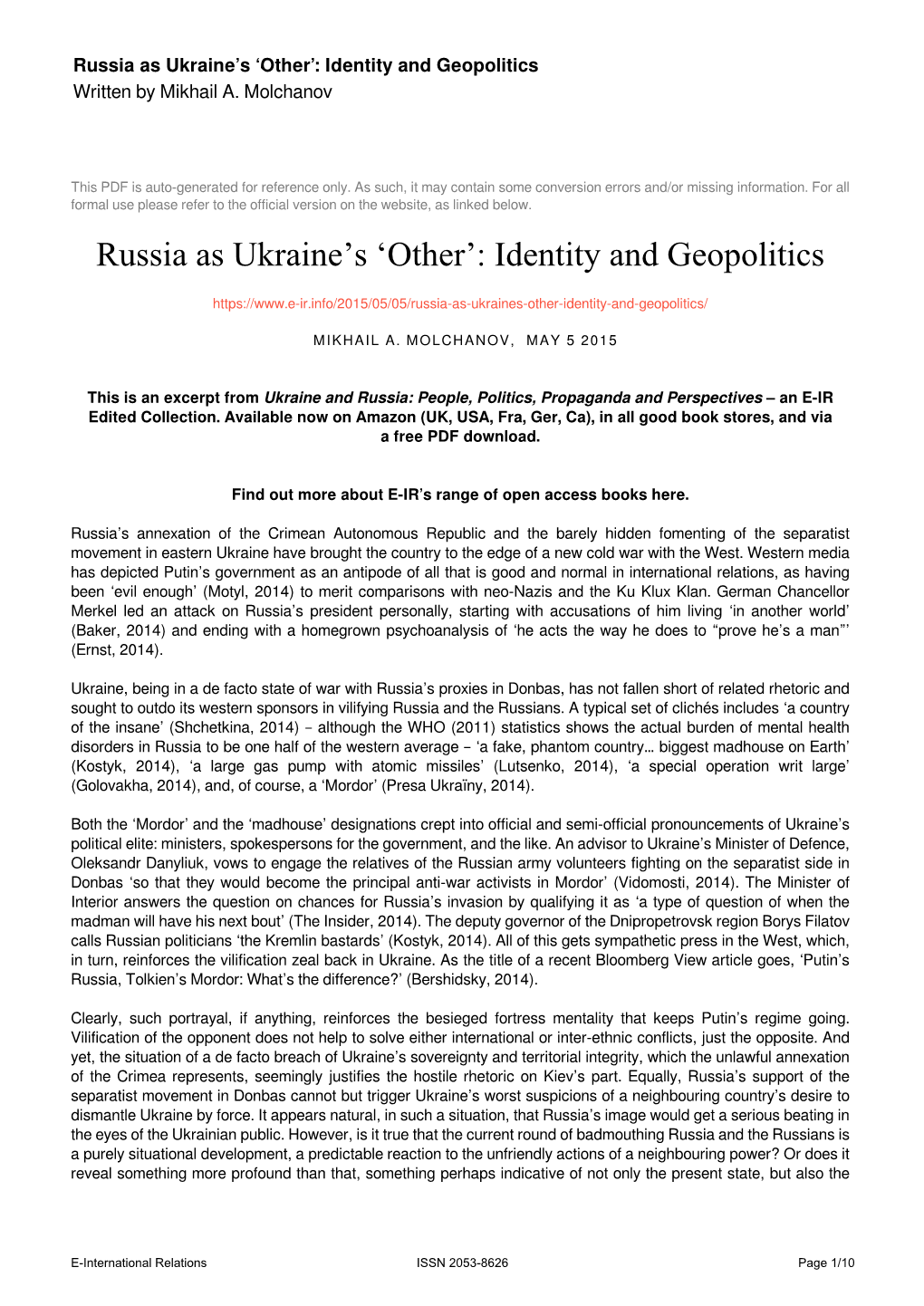 Russia As Ukraine's 'Other': Identity and Geopolitics