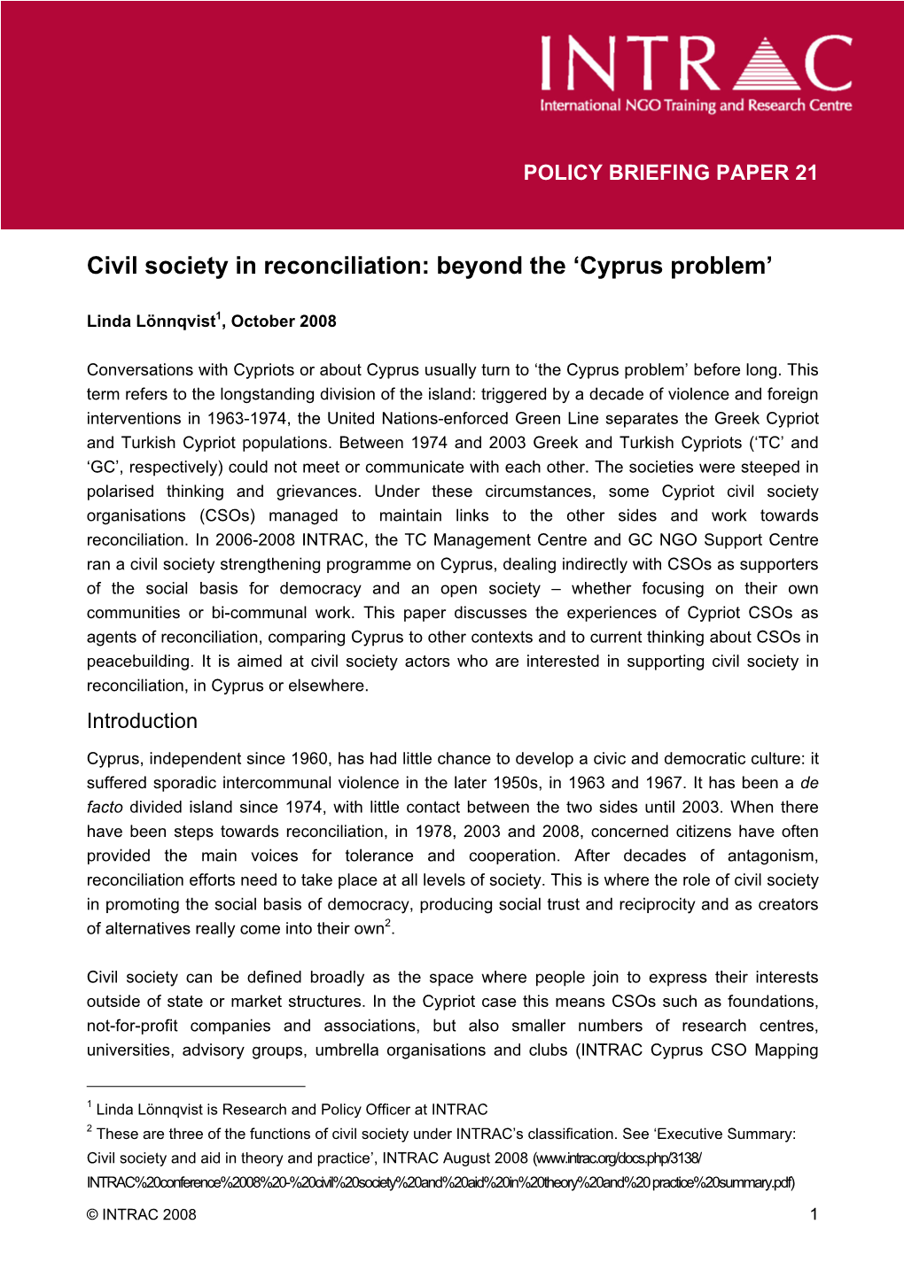 Civil Society in Reconciliation: Beyond the 'Cyprus Problem'