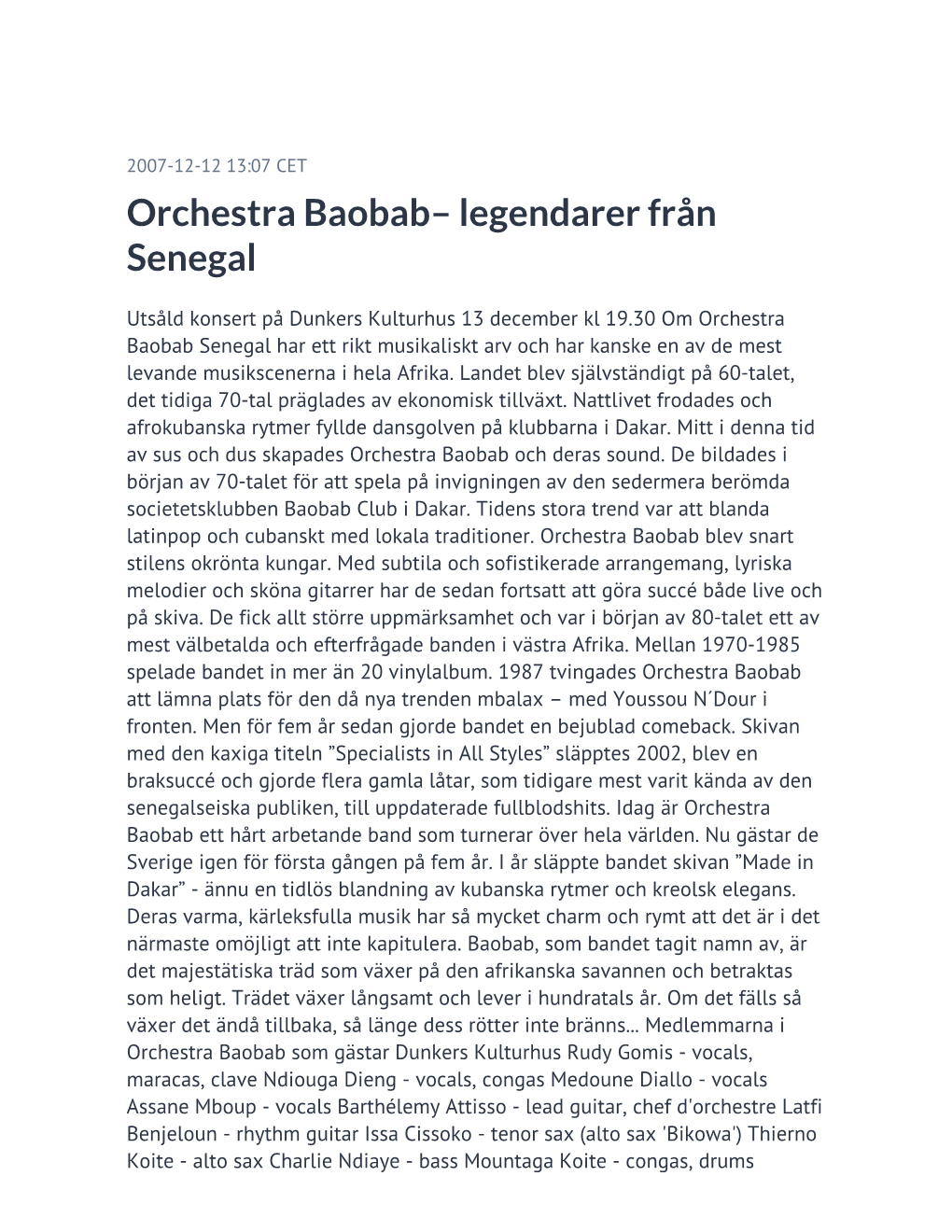 Orchestra Baobab– Legendarer Från Senegal