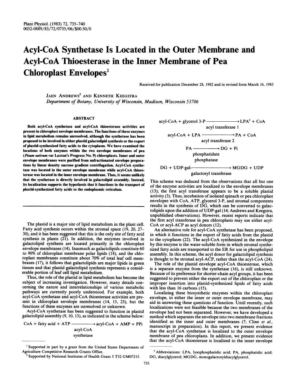 Chloroplast Envelopes1 Received for Publication December 28, 1982 and in Revised Form March 16, 1983