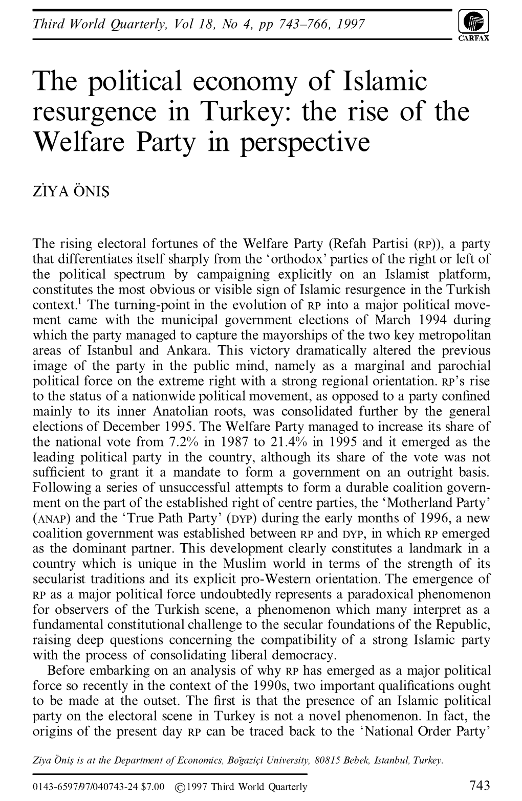 The Political Economy of Islamic Resurgence in Turkey: the Rise of the Welfare Party in Perspective