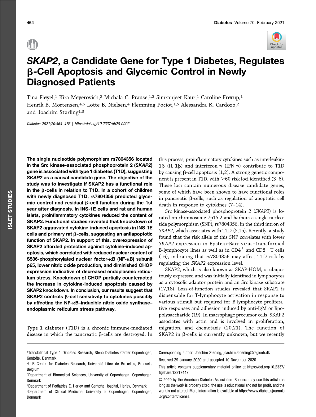 SKAP2, a Candidate Gene for Type 1 Diabetes, Regulates Β-Cell