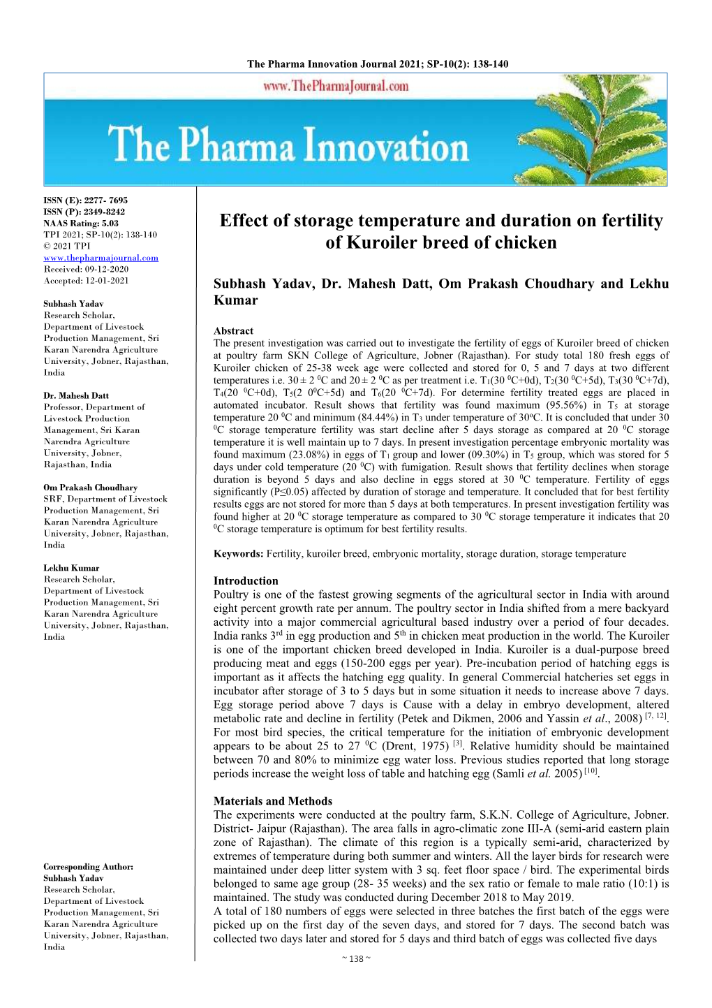 Effect of Storage Temperature and Duration on Fertility of Kuroiler Breed