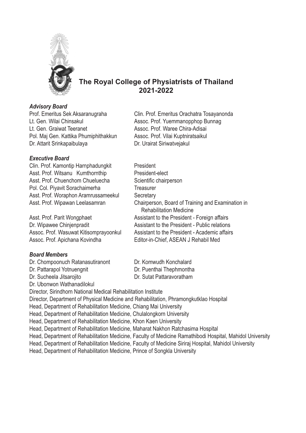 The Royal College of Physiatrists of Thailand 2021-2022