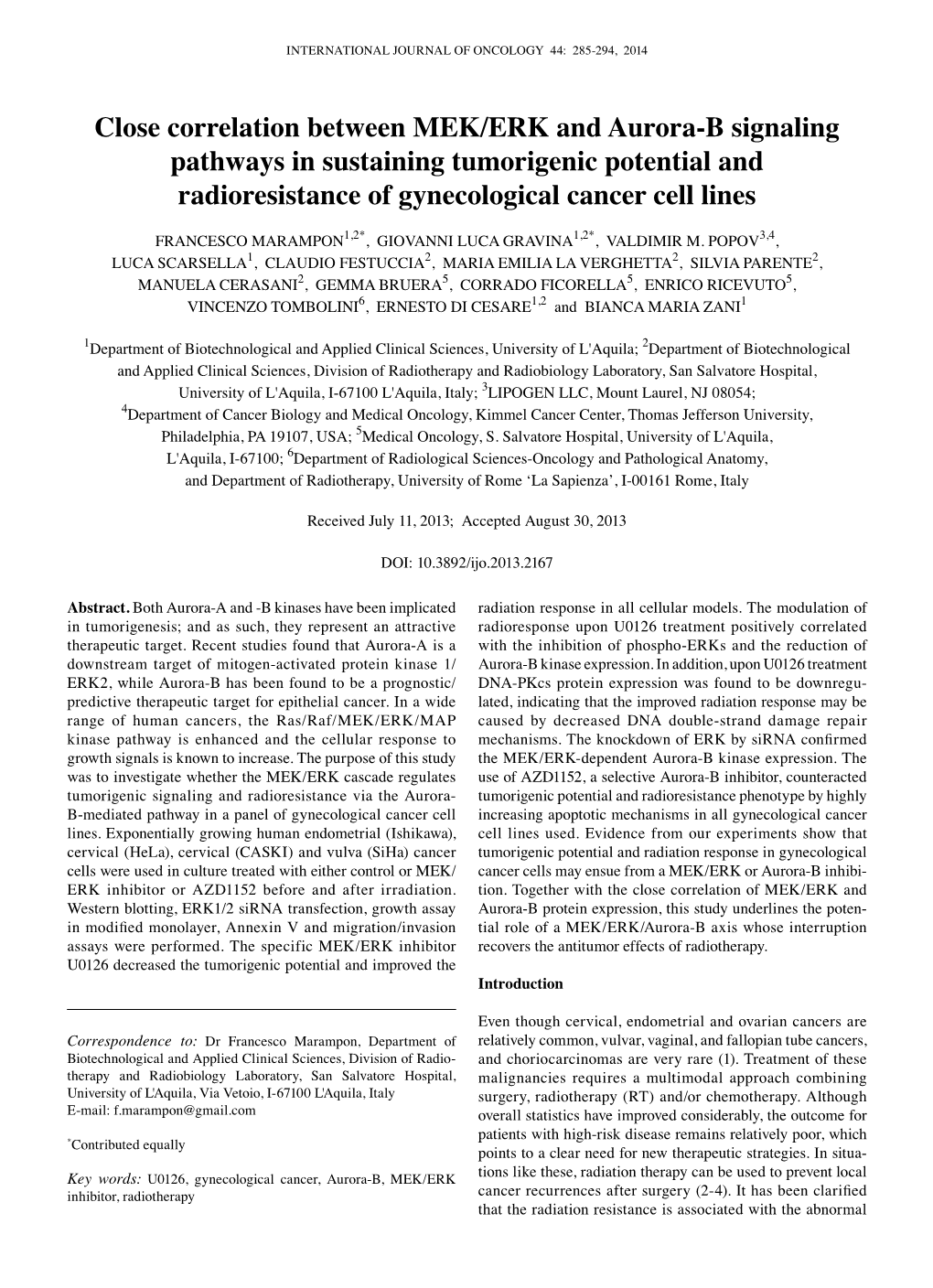 Close Correlation Between MEK/ERK and Aurora-B Signaling Pathways in Sustaining Tumorigenic Potential and Radioresistance of Gynecological Cancer Cell Lines