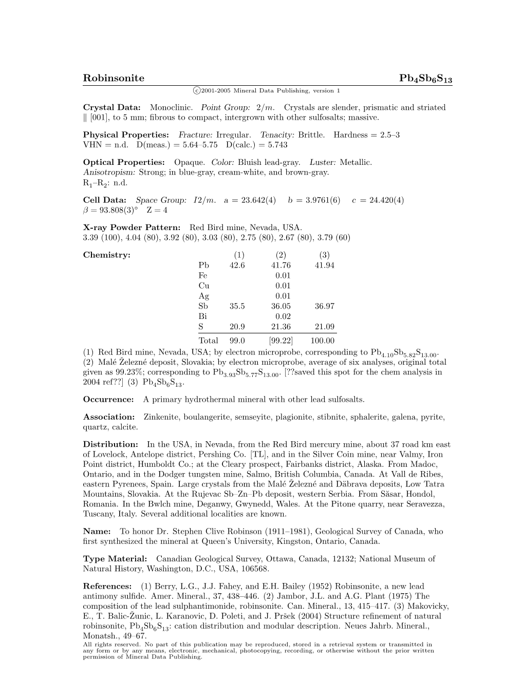 Robinsonite Pb4sb6s13 C 2001-2005 Mineral Data Publishing, Version 1