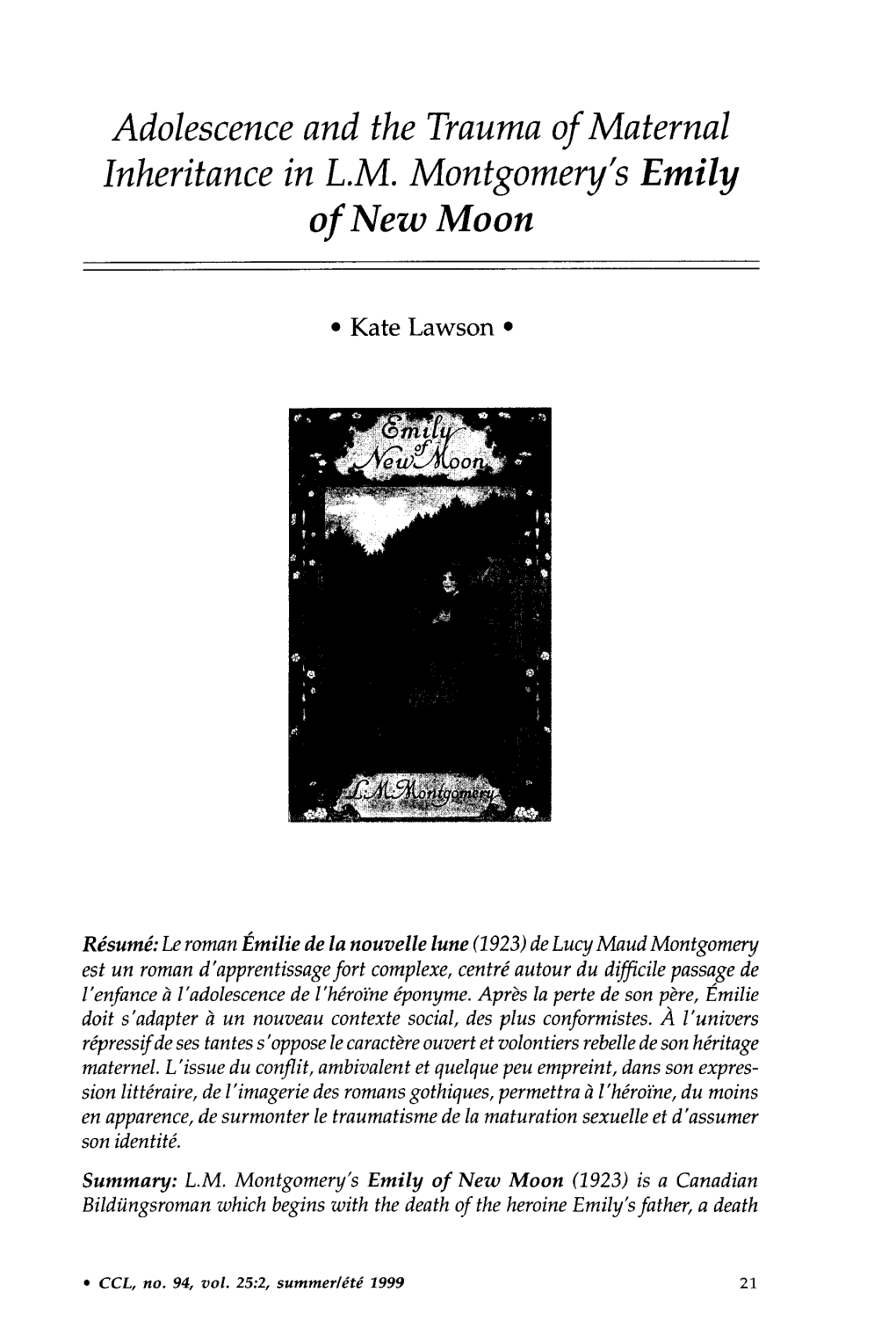 Adolescence and the Trauma of Maternal Inheritance in L.M. Montgomery's Emily of New Moon