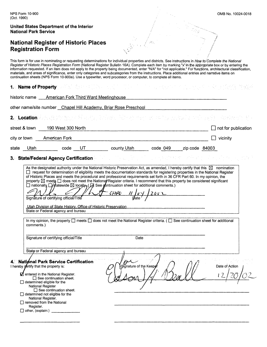 National Register of Historic Places / Registration Form X ^