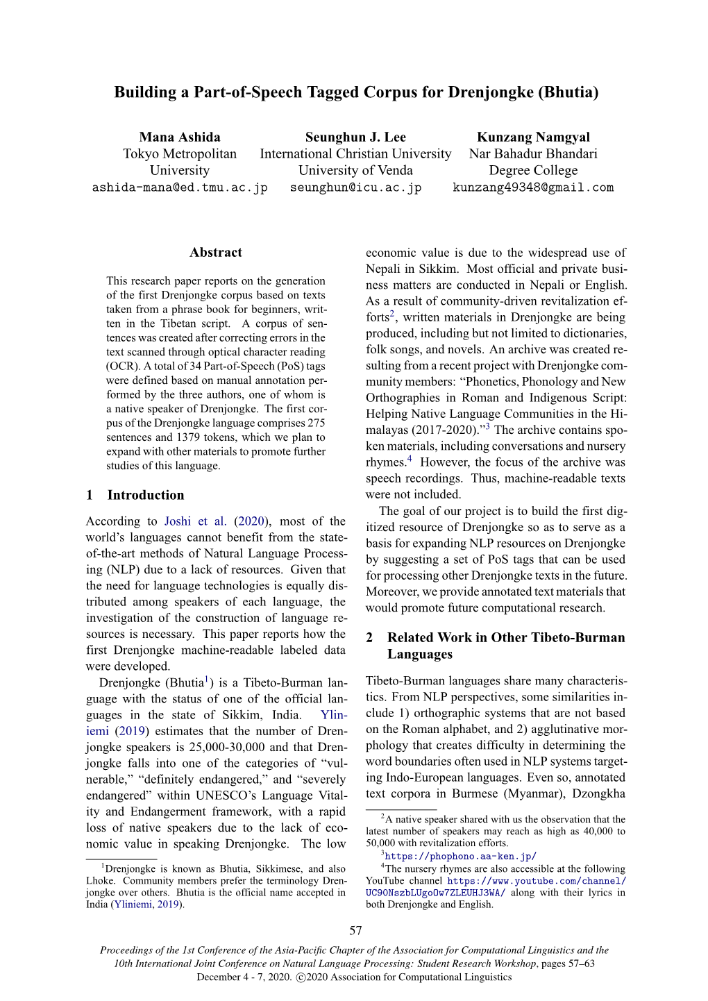 Building a Part-Of-Speech Tagged Corpus for Drenjongke (Bhutia)