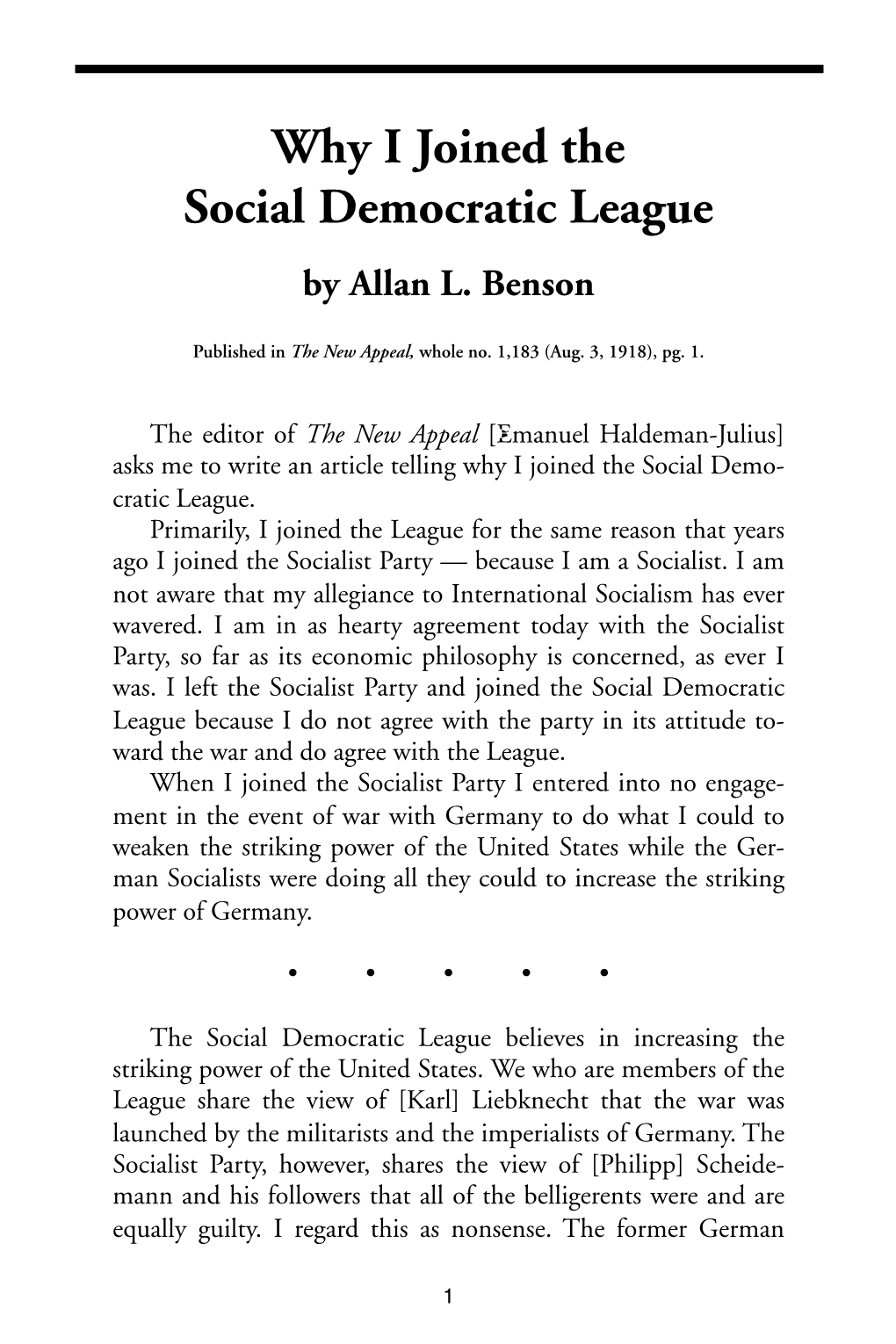 "Why I Joined the Social Democratic League," by Allan L. Benson