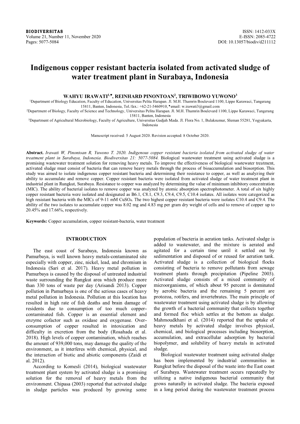 Indigenous Copper Resistant Bacteria Isolated from Activated Sludge of Water Treatment Plant in Surabaya, Indonesia