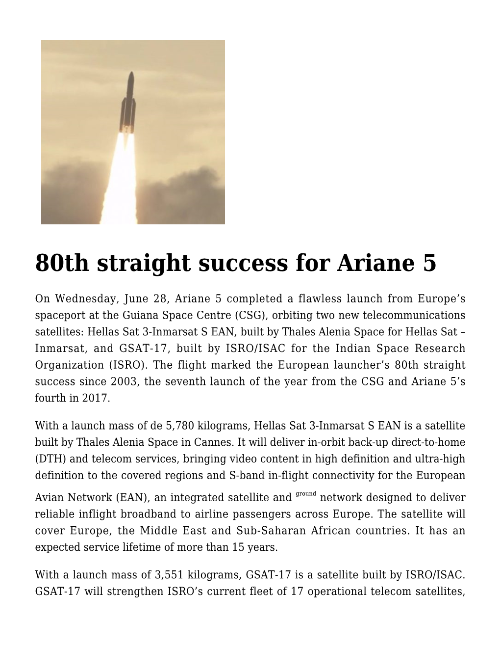 80Th Straight Success for Ariane 5