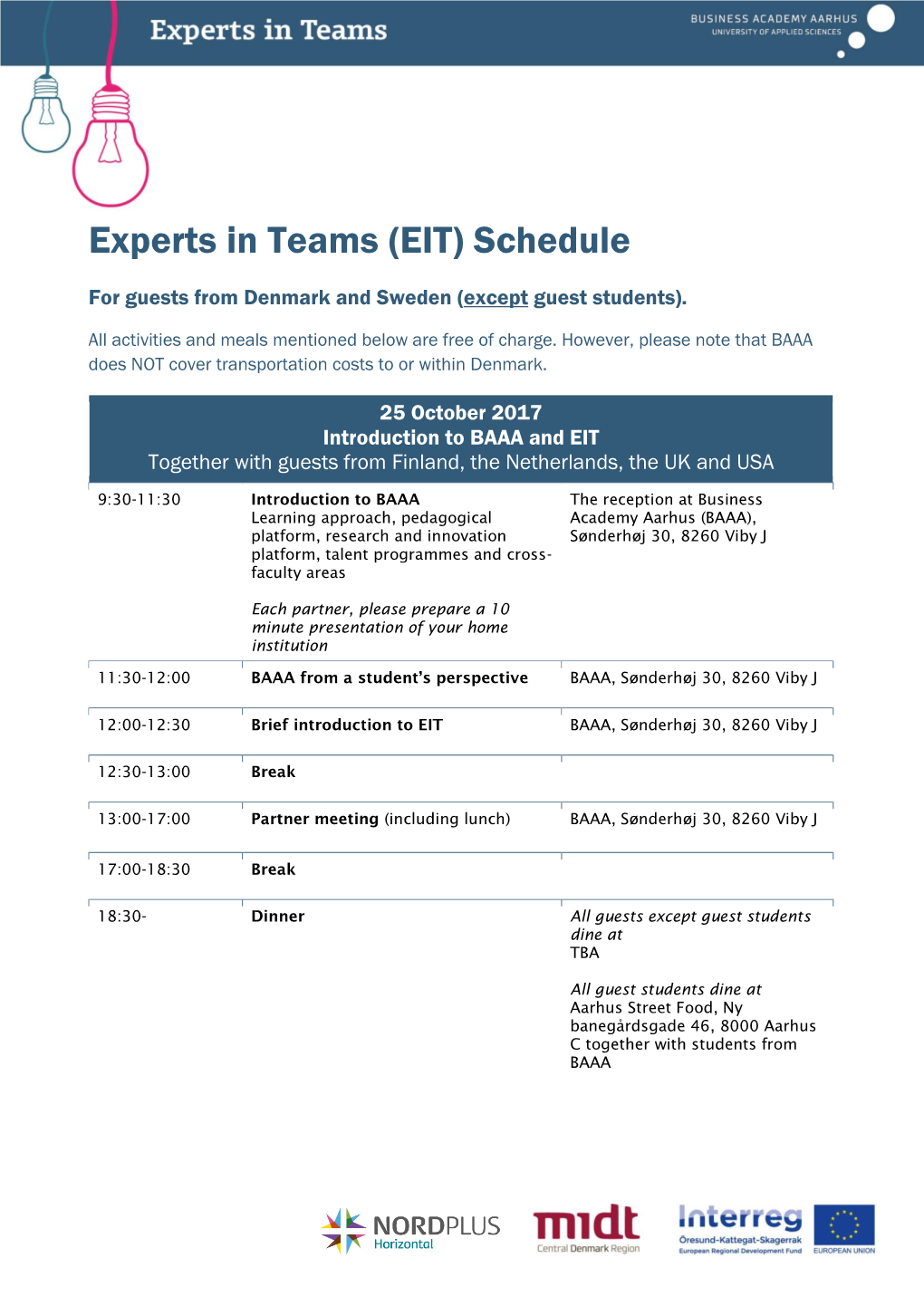 Experts in Teams (EIT) Schedule