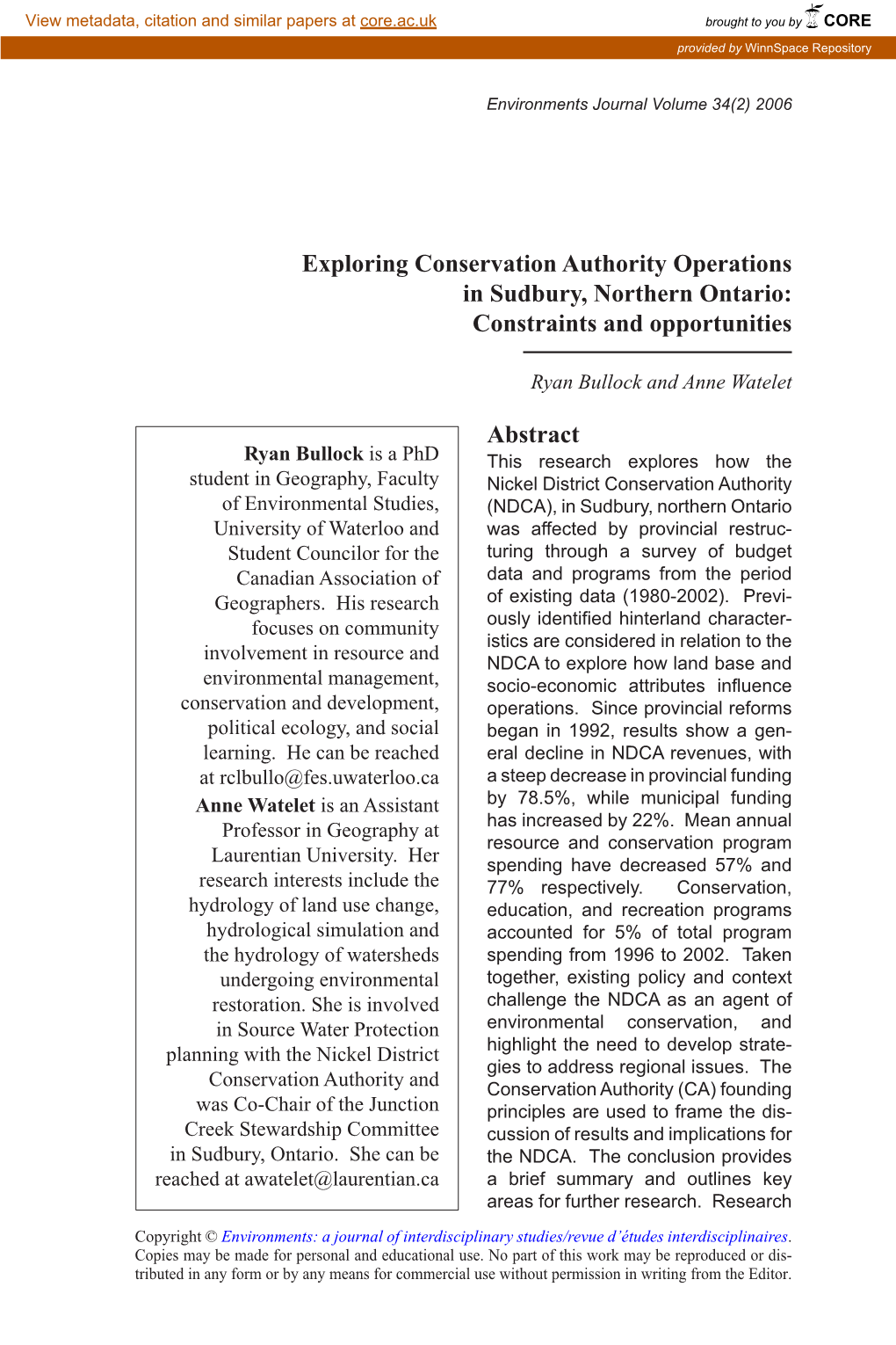 Exploring Conservation Authority Operations in Sudbury, Northern Ontario: Constraints and Opportunities