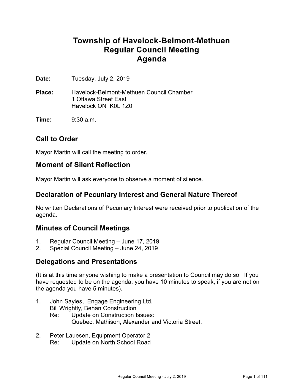 Township of Havelock-Belmont-Methuen Regular Council Meeting Agenda