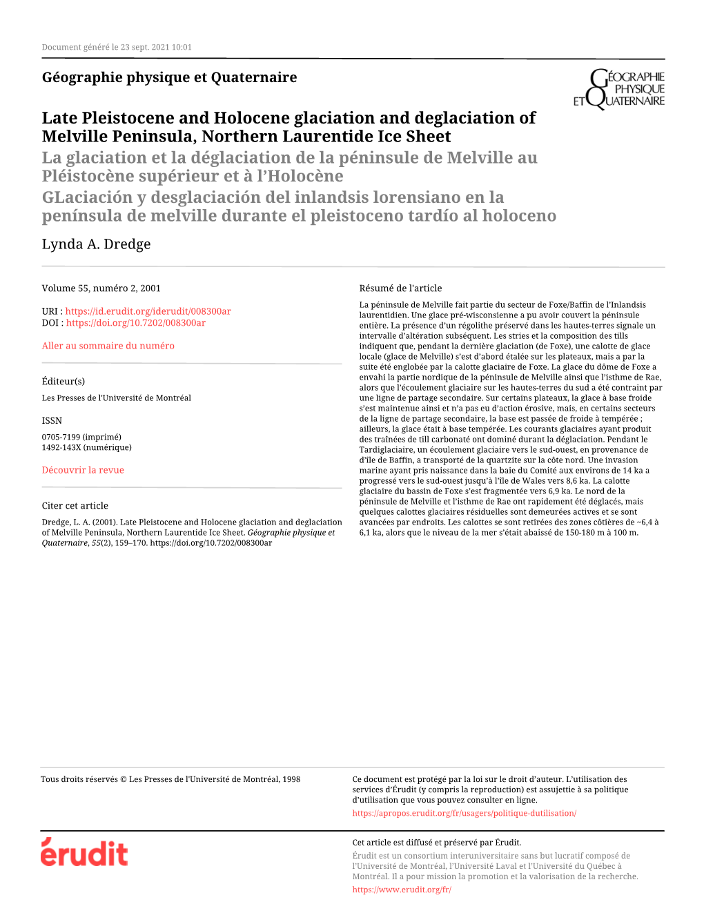 Late Pleistocene and Holocene Glaciation and Deglaciation Of