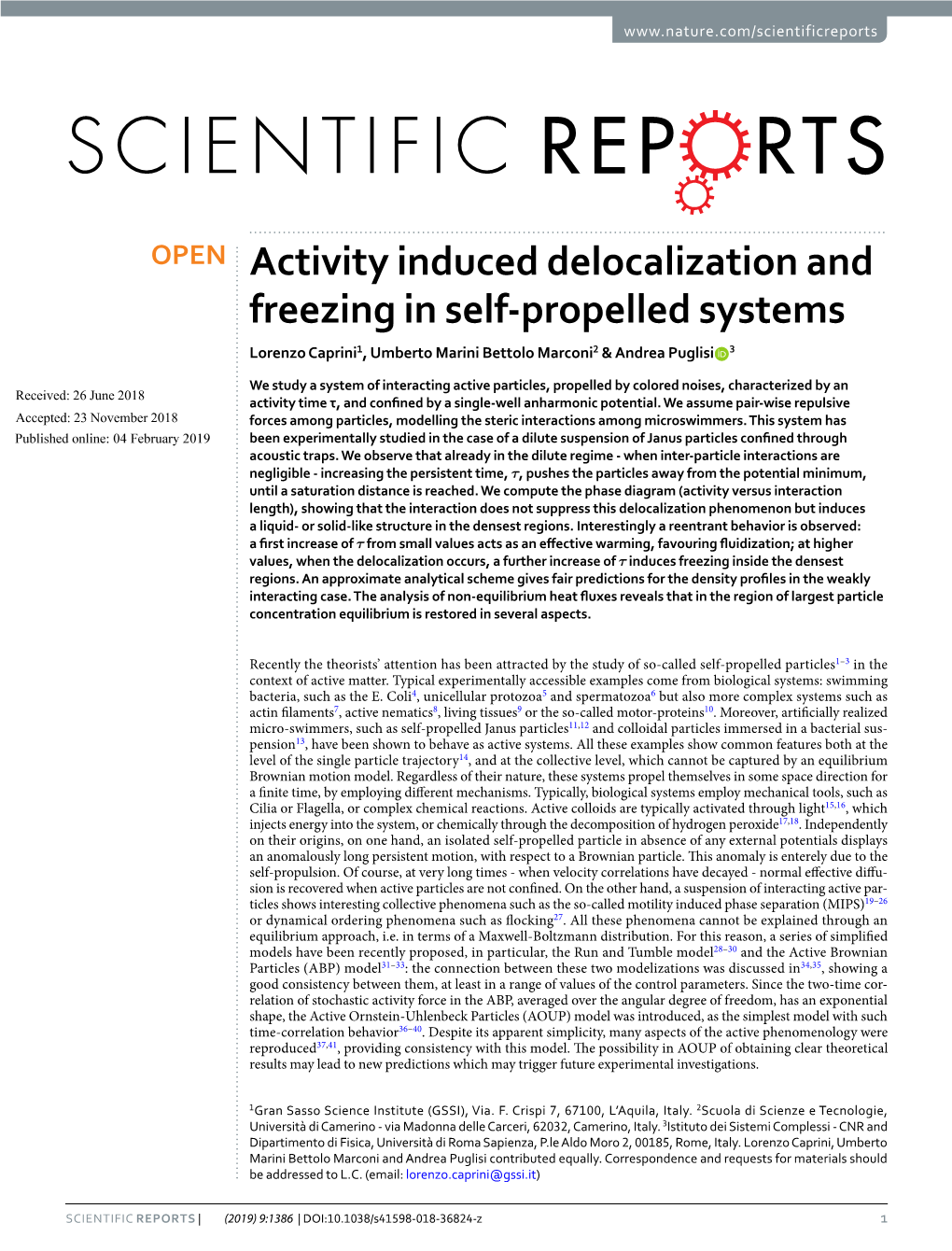 Activity Induced Delocalization and Freezing in Self-Propelled Systems Lorenzo Caprini1, Umberto Marini Bettolo Marconi2 & Andrea Puglisi 3