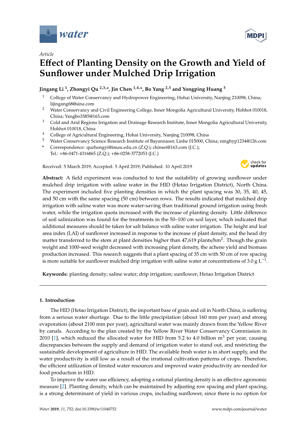 Effect of Planting Density on the Growth and Yield of Sunflower