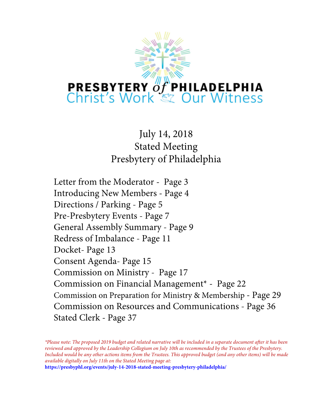 July 14, 2018 Stated Meeting Presbytery of Philadelphia