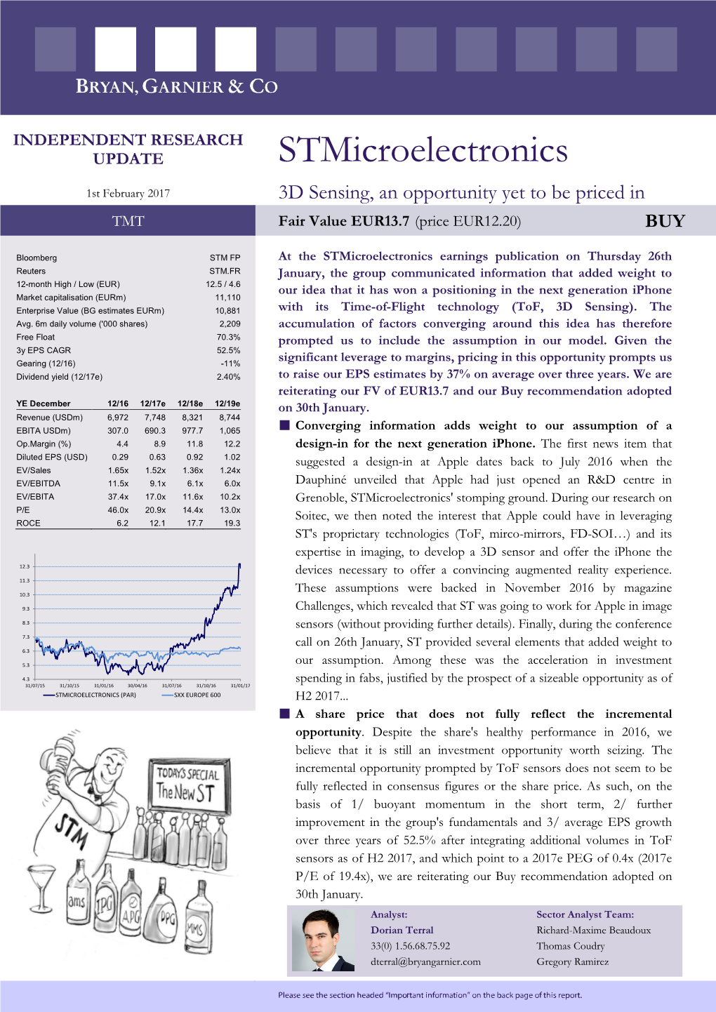 Stmicroelectronics 1St February 2017 3D Sensing, an Opportunity Yet to Be Priced in TMT Fair Value EUR13.7 (Price EUR12.20) BUY