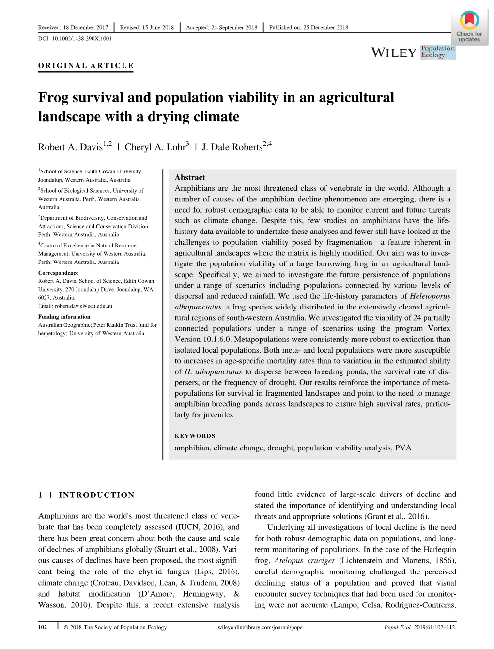 Frog Survival and Population Viability in an Agricultural Landscape with a Drying Climate