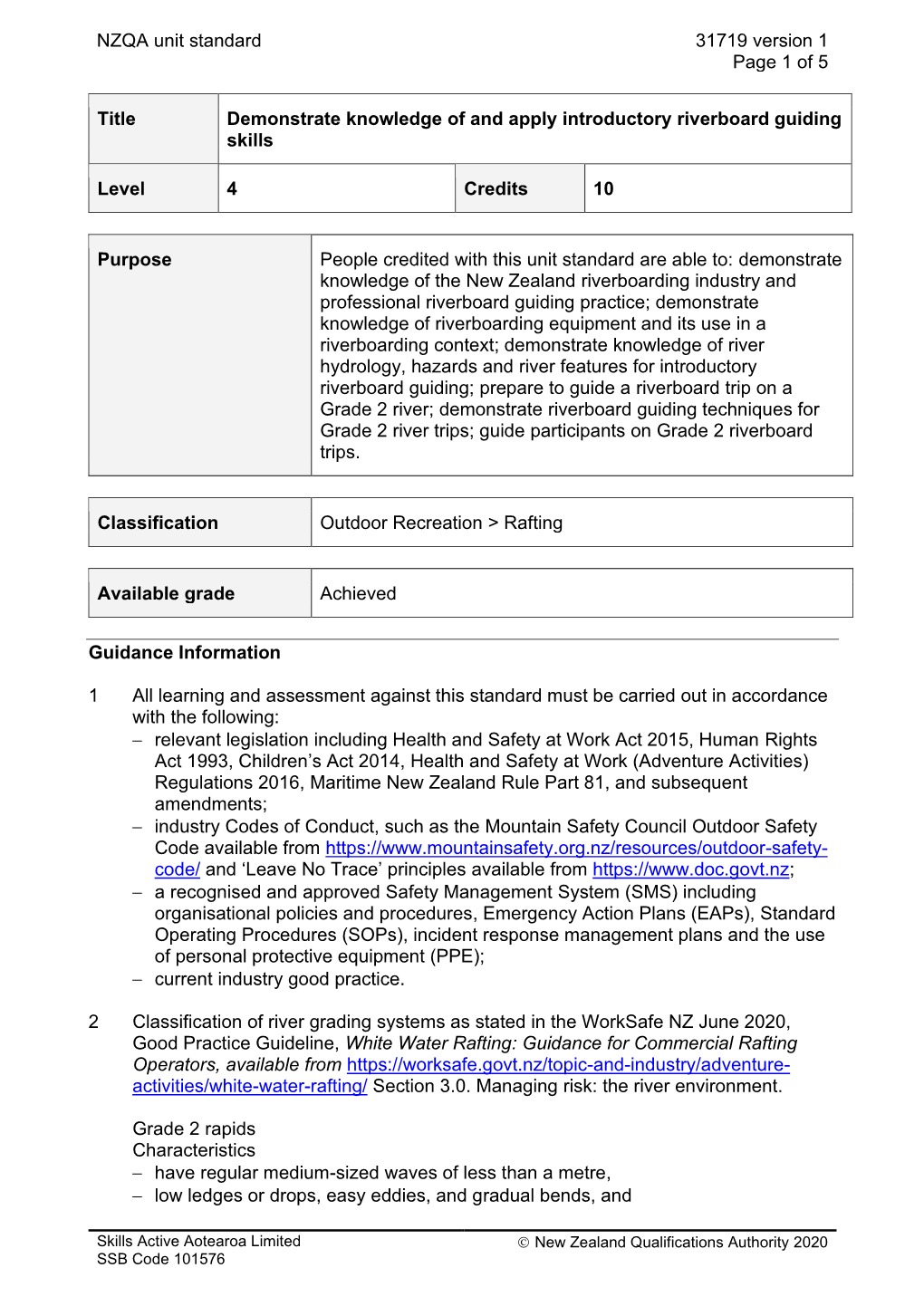 NZQA Unit Standard 31719 Version 1 Page 1 of 5 Title Demonstrate Knowledge of and Apply Introductory Riverboard Guiding Skills L