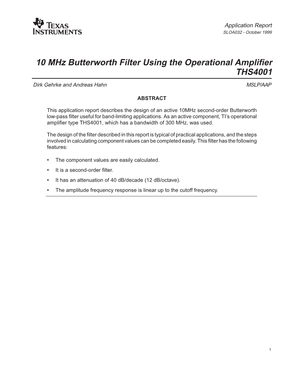 10-Mhz Butterworth Filter Using the Operational Amplifier THS4001