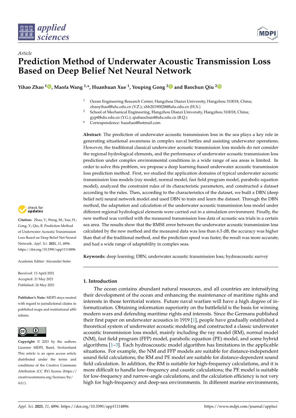 Prediction Method of Underwater Acoustic Transmission Loss Based on Deep Belief Net Neural Network