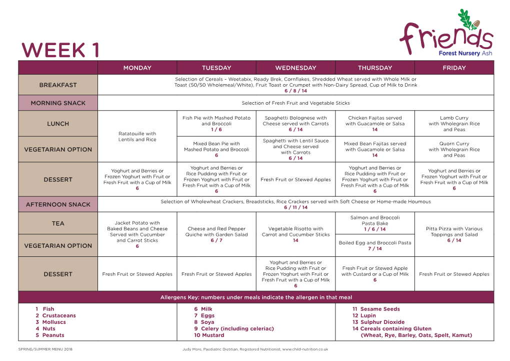 WEEK 1 Forest Nursery Ash MONDAY TUESDAY WEDNESDAY THURSDAY FRIDAY