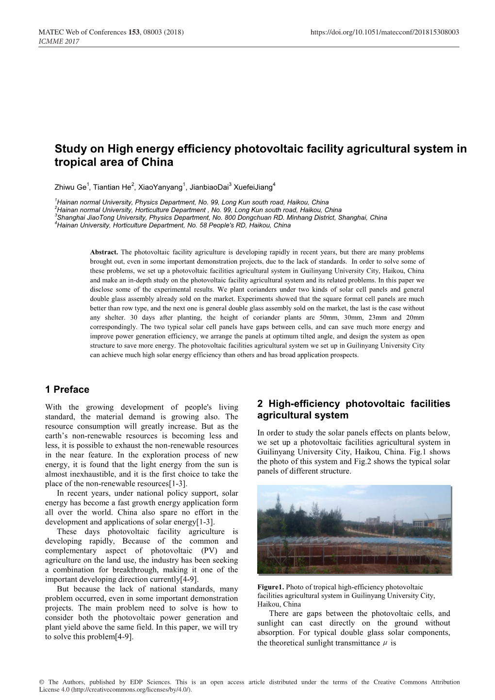 Study on High Energy Efficiency Photovoltaic Facility Agricultural System in Tropical Area of China