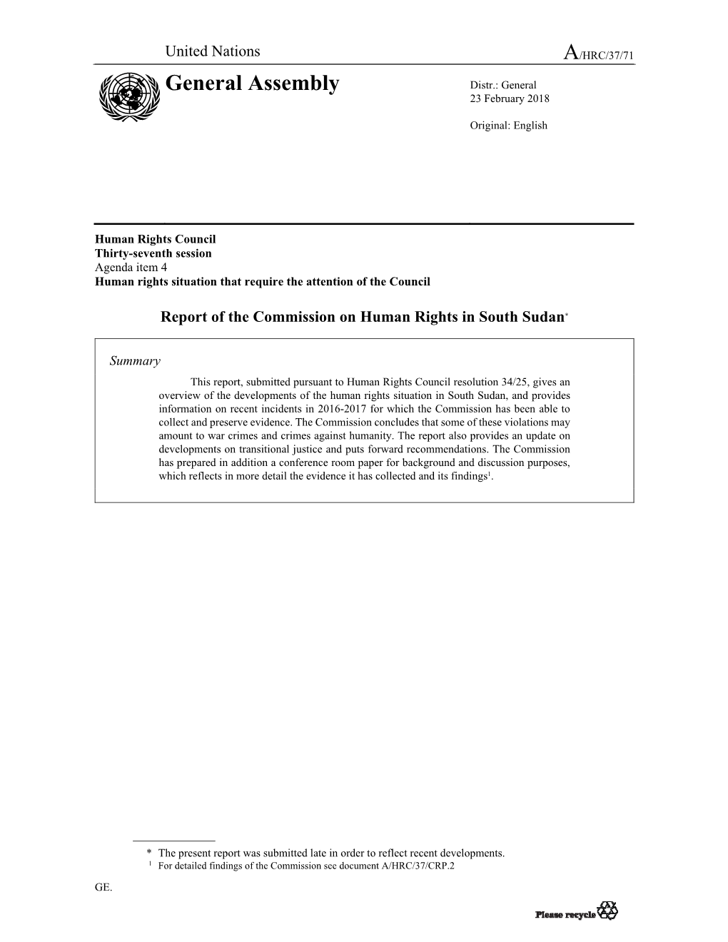 Report of the Commission on Human Rights in South Sudan*