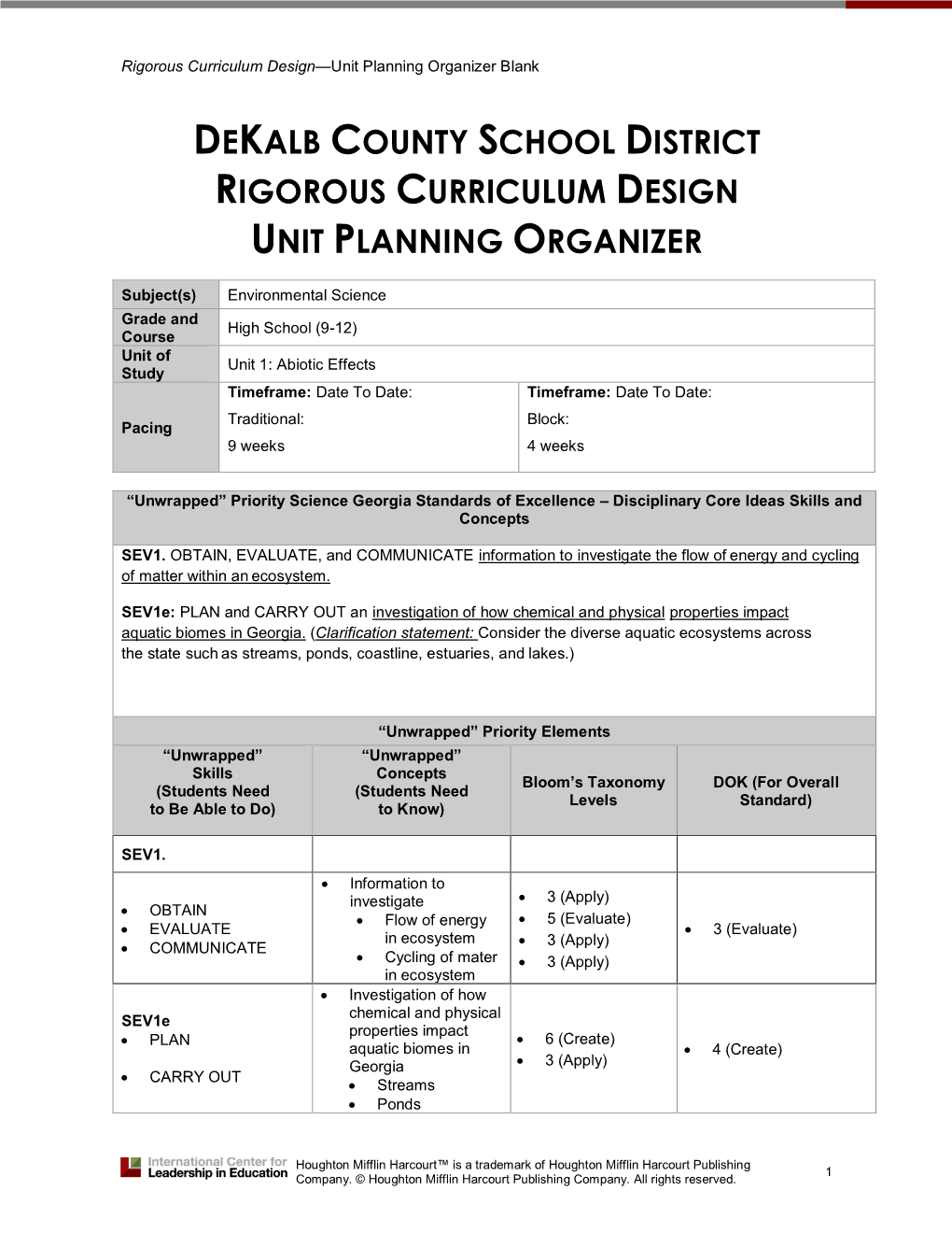 Dekalb County School District Rigorous Curriculum Design Unit Planning Organizer