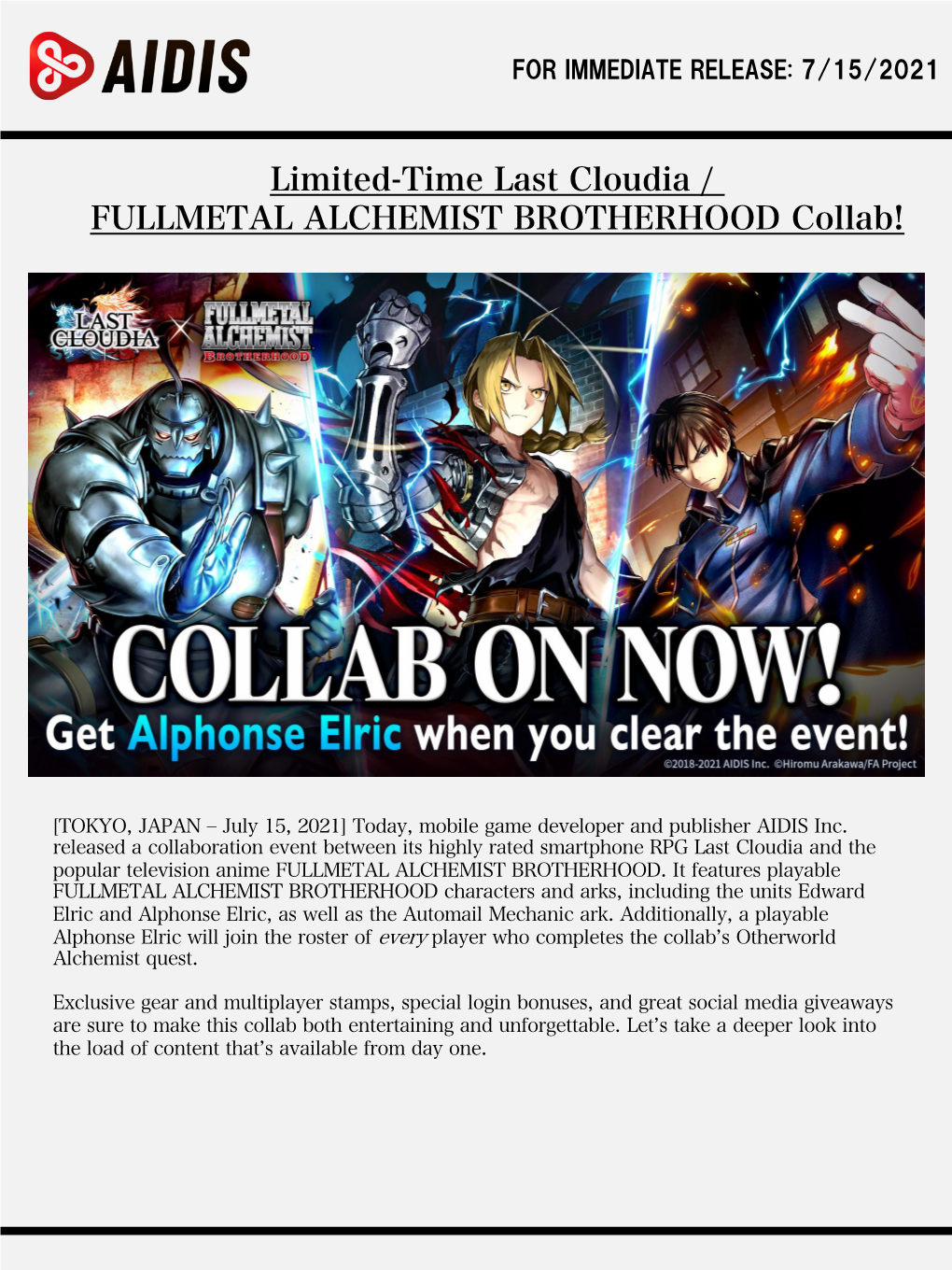 Limited-Time Last Cloudia / FULLMETAL ALCHEMIST BROTHERHOOD Collab!