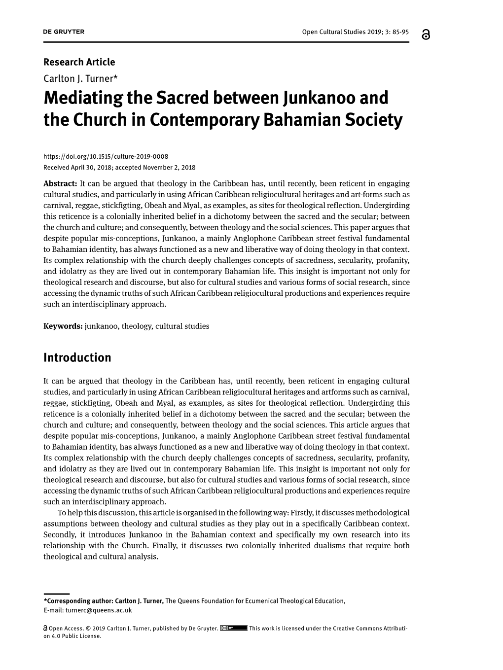 Mediating the Sacred Between Junkanoo and the Church in Contemporary Bahamian Society