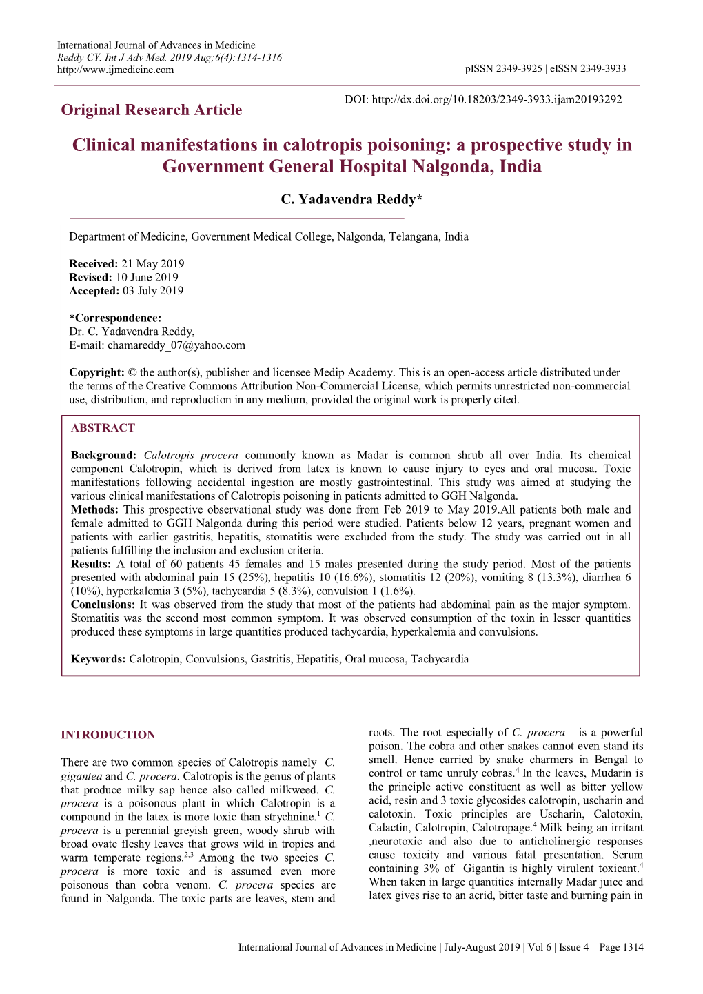 Clinical Manifestations in Calotropis Poisoning: a Prospective Study in Government General Hospital Nalgonda, India