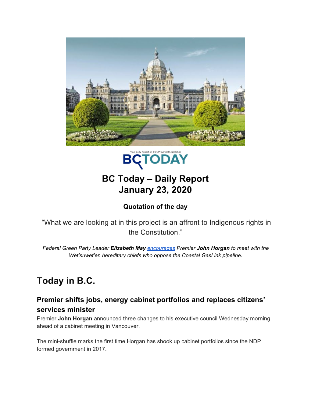 BC Today – Daily Report January 23, 2020 Today in B.C