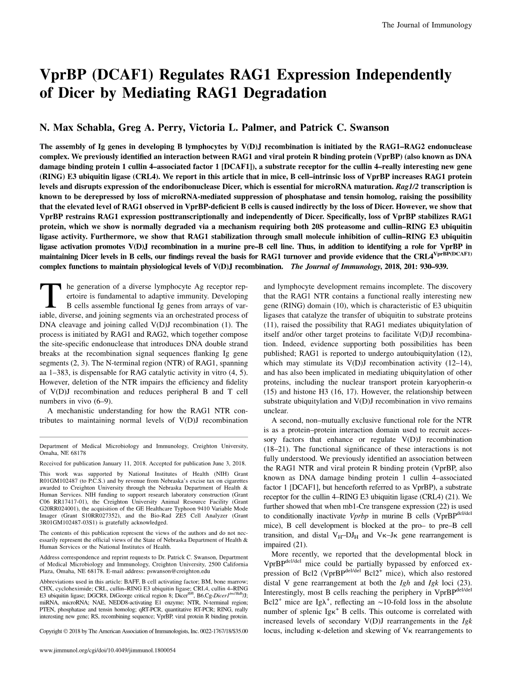 Vprbp (DCAF1) Regulates RAG1 Expression Independently of Dicer by Mediating RAG1 Degradation