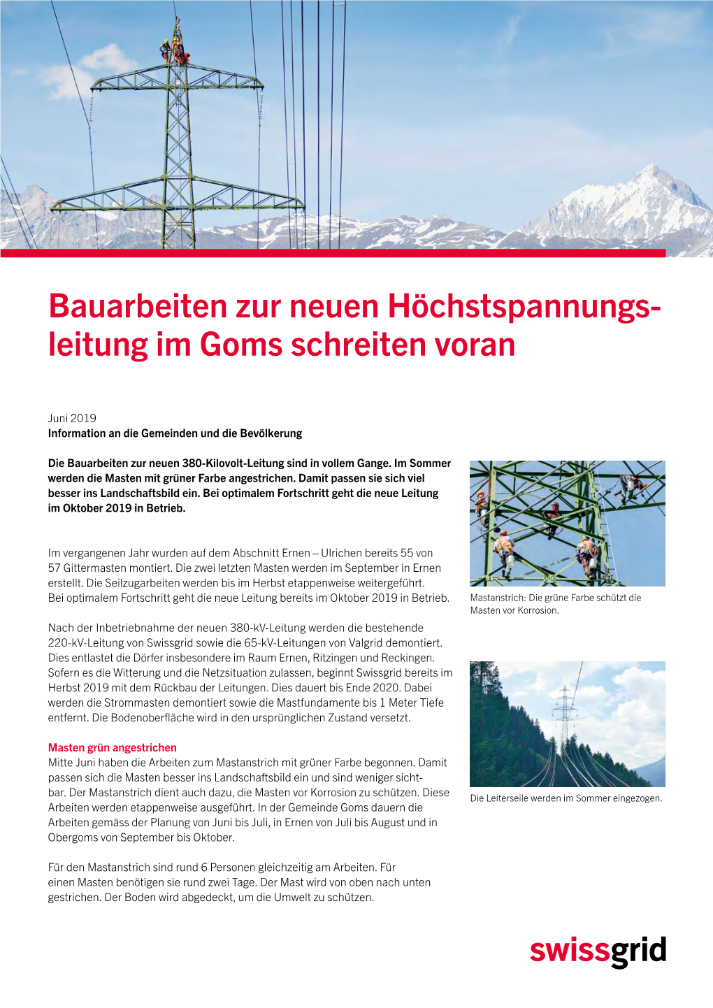 Bauarbeiten Zur Neuen Höchstspannungsleitung Im Goms Schreiten Voran