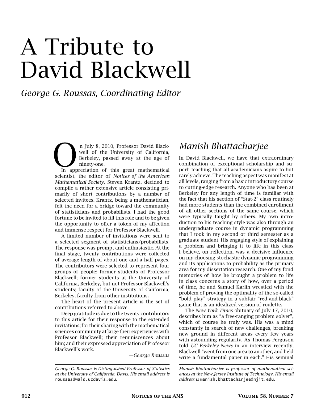 A Tribute to David Blackwell George G